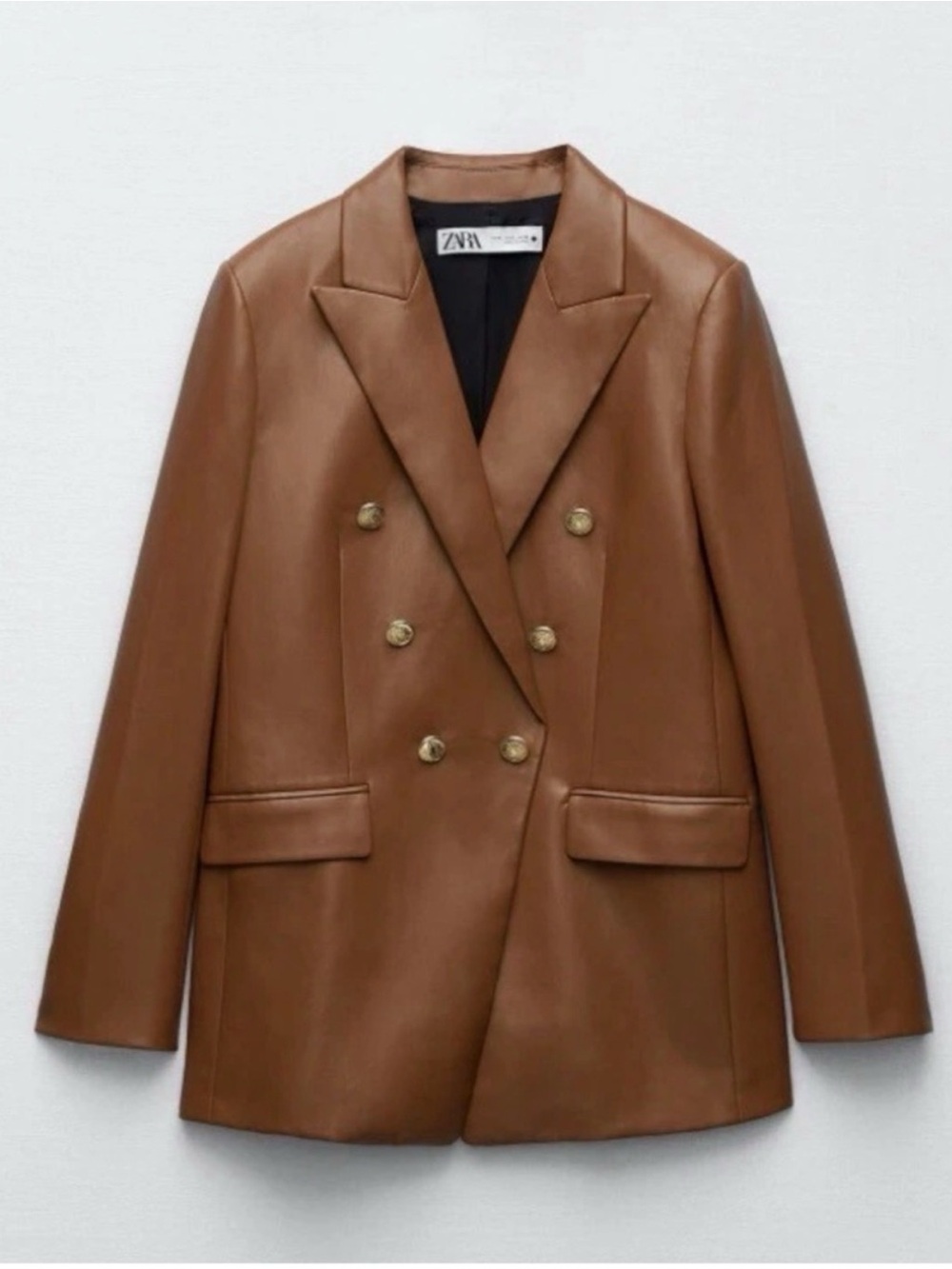 ZARA Brown Double-Breasted Vegan Leather Blazer Size XS